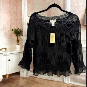 Selene-Black Pleated Blouse Long Sleeves w/shiny embroidered beating. (M)